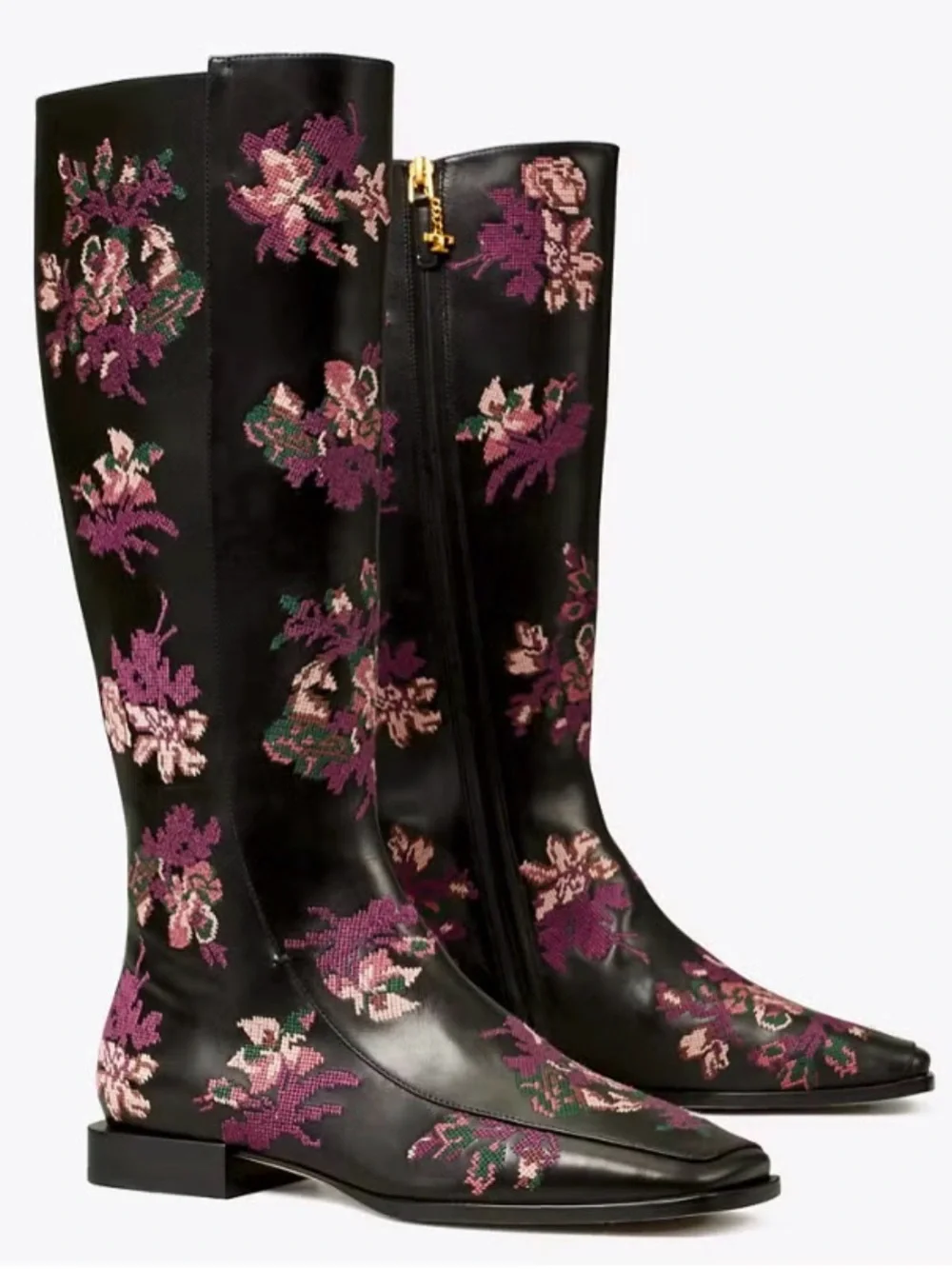 36 NIB 1000.00 7.5 Tory Burch Women's Embroidered Square-Toe Knee Boot